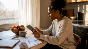 Woman browsing jewelry online at kitchen table