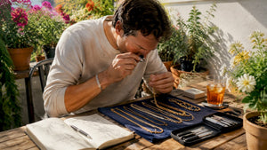 Person inspecting solid gold chains at studio table