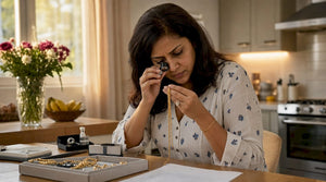 Woman inspecting gold necklace in jewelry store