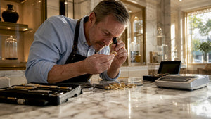 Jeweler examining gold rings for karat purity