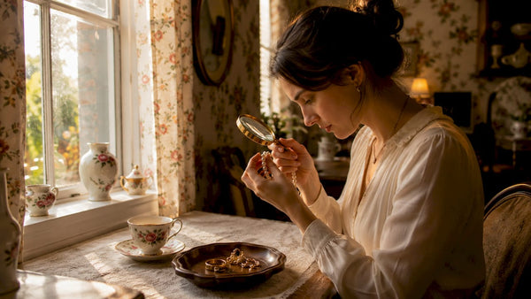 Woman inspecting pearl necklace at vanity