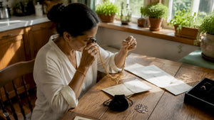 Woman examining gold necklace with loupe at desk
