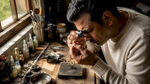 Man inspecting gold necklace in home workshop