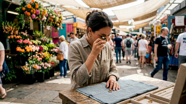 Buyer inspecting gold ring with loupe in jewelry shop