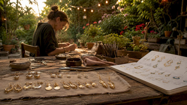 Close-up gold earrings on jeweler's workstation