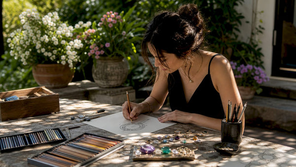Jewelry designer sketching ring design in bright studio
