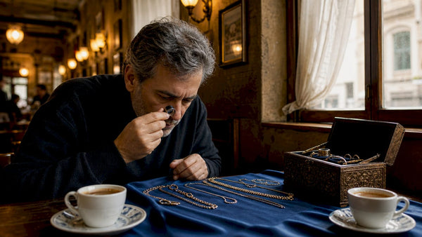 Man inspecting gold chains with magnifying loupe