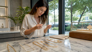 Woman inspecting gold jewelry in studio