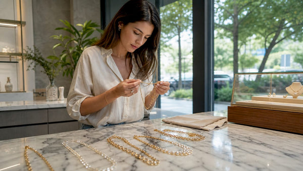 Woman inspecting gold jewelry in studio