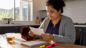 Woman reviewing jewelry guarantee paperwork at home
