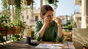Woman examining gold necklace with loupe at table