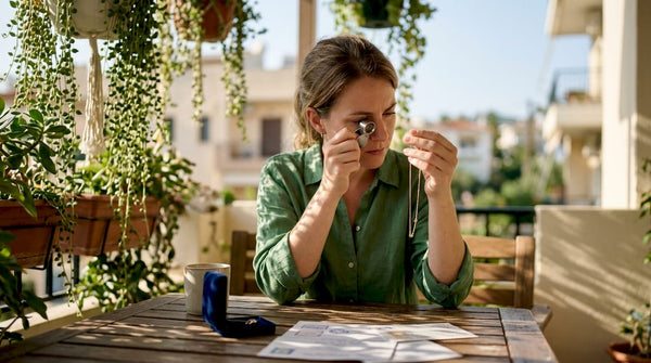 Woman examining gold necklace with loupe at table