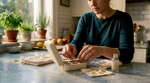 Woman arranging gold jewelry carefully at home