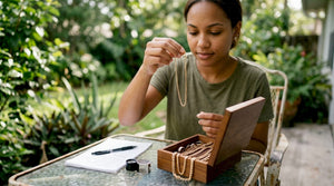Woman inspecting premium gold jewelry at kitchen table