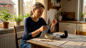 Woman gently cleaning gold necklace at home