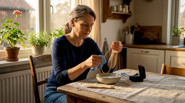Woman gently cleaning gold necklace at home