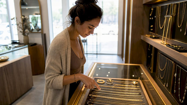 Woman selecting gold chain necklace at jewelry store
