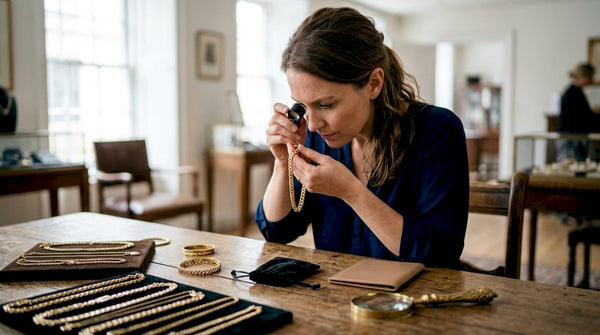 Buyer inspecting solid gold jewelry in showroom