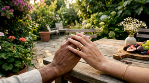 Close-up of matching gold wedding bands on couple's hands