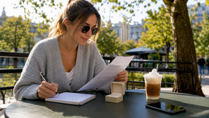 Woman reviewing jewelry financing papers in café