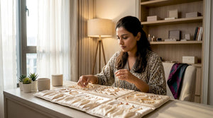 Woman organizing fine jewelry in closet