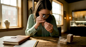 Woman examining gold ring closely in jewelry boutique