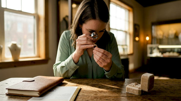 Woman examining gold ring closely in jewelry boutique
