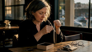 Hands measuring gold chain length with tape