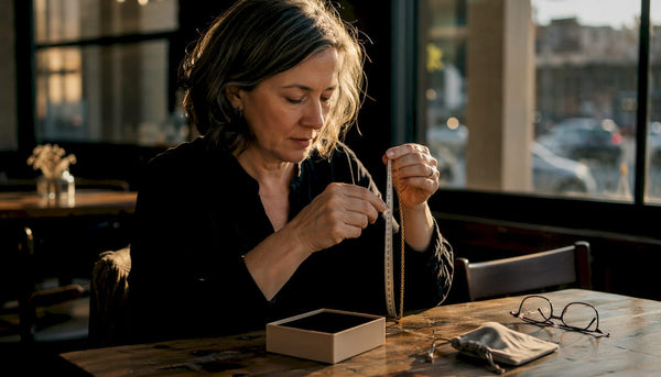 Hands measuring gold chain length with tape