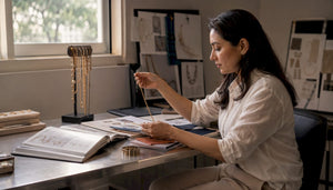 Person examining gold jewelry chains at desk