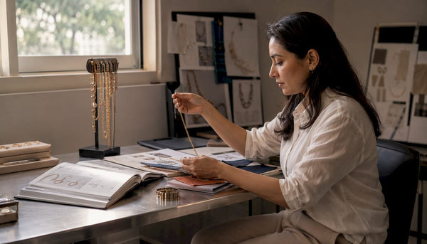 Person examining gold jewelry chains at desk