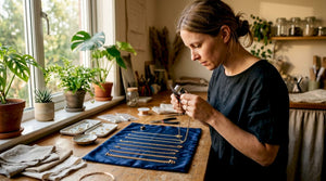 Jeweler examining various gold chain styles
