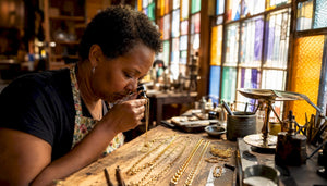 Jeweler inspecting gold chains with loupe on table