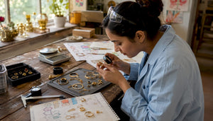 Jewelry analyst inspecting gold necklace in lab