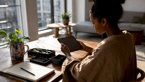 Woman browsing solid gold chains on tablet at home