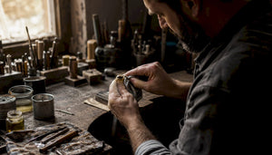 Jeweler inspecting gold ring for replating