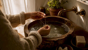 Hands cleaning gold chain necklace over sink