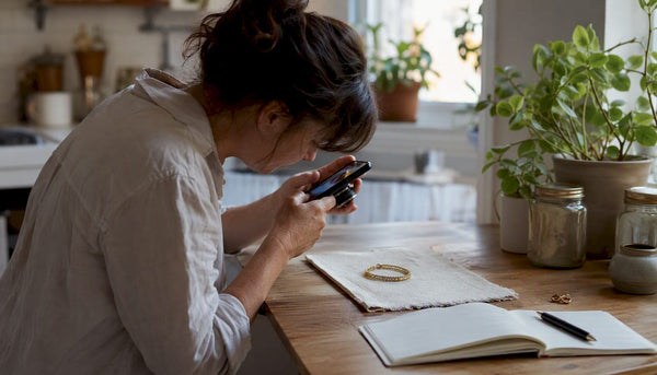 Woman photographing gold bracelet for catalog