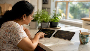 Woman comparing gold chain products at home table