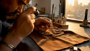 Hands inspecting solid gold chain clasp
