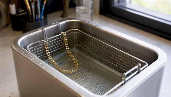 Solid gold chain in ultrasonic cleaner basket