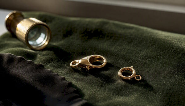 Close-up of gold lobster and spring ring clasps