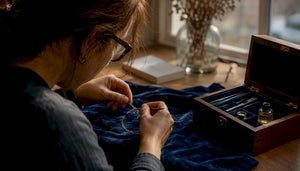 Hands unkinking a gold chain on cloth