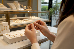 Hands fastening gold earring backs on studs