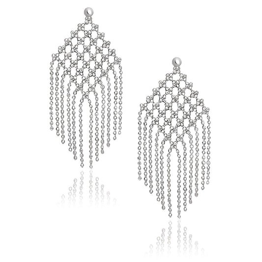 14K White Gold Beaded Chain Mesh Earrings