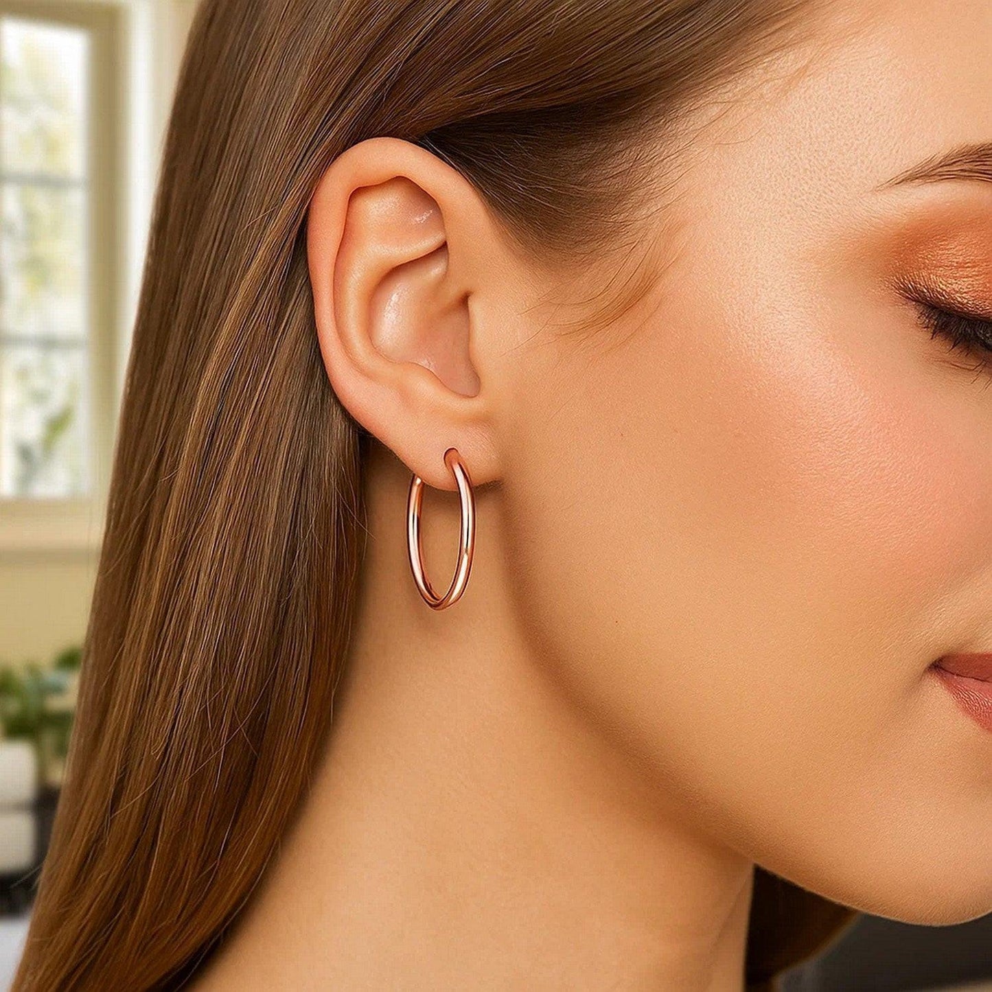 14k Rose Gold Polished Hoop Earrings (3x25mm)
