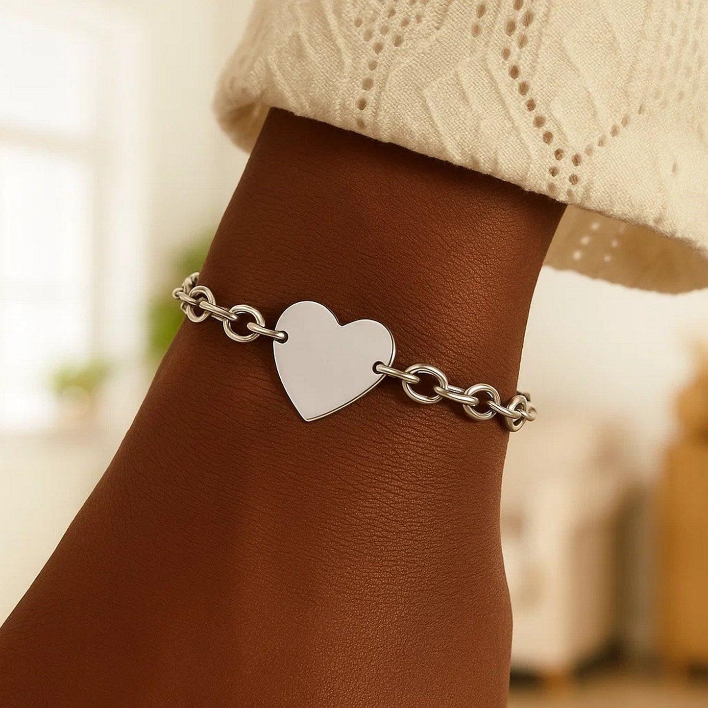 Sterling Silver Rhodium Plated Chain Bracelet with a Flat Heart Station(5.00 mm)