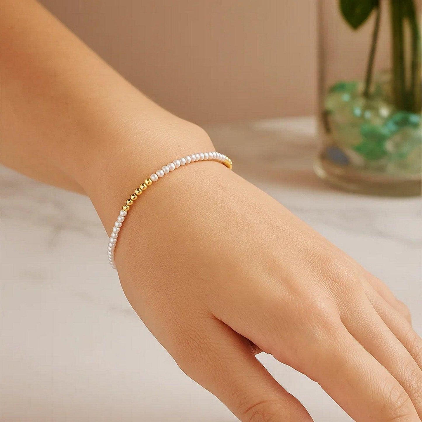 14k Yellow Gold High Polish Freshwater Pearl Pallina Bead Bracelet (2.00 mm)