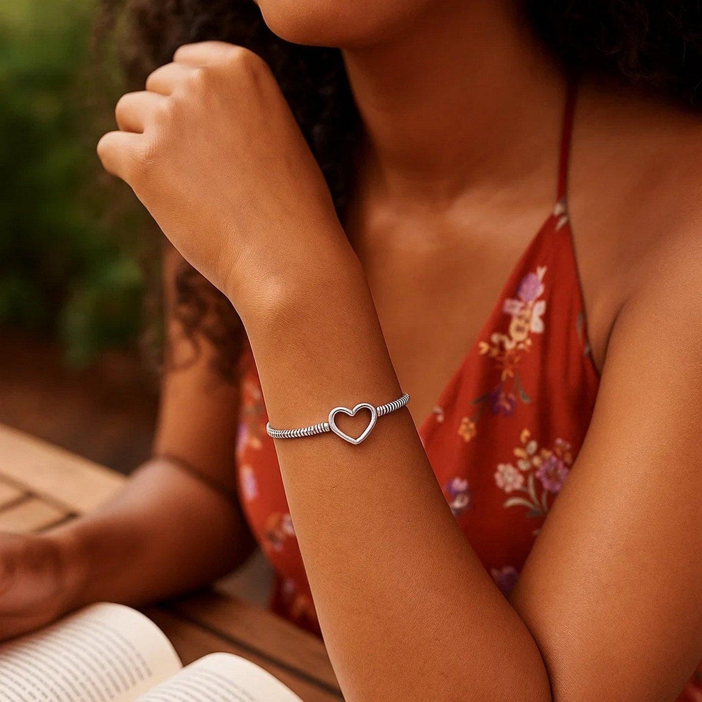 Sterling Silver Rhodium Plated Heart Bead Friendship Bracelet