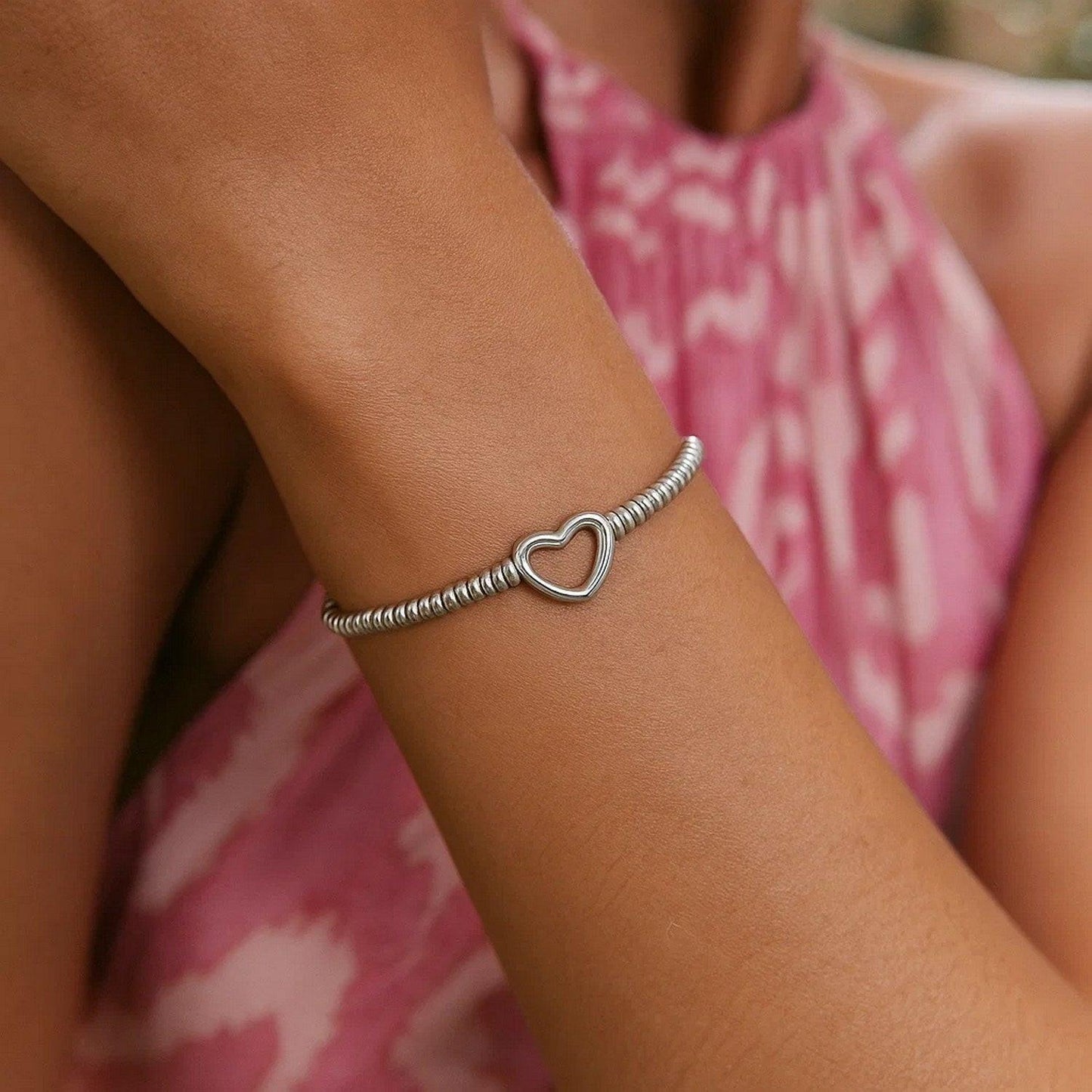 Sterling Silver Rhodium Plated Heart Bead Friendship Bracelet